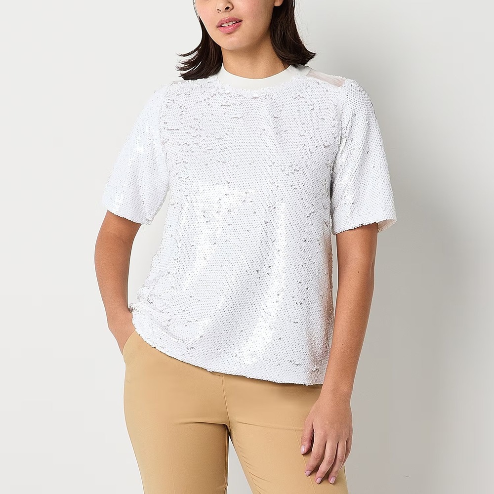 MSRP $64 52seven Women's L White Sequin Crew Neck Short Sleeve T-Shirt